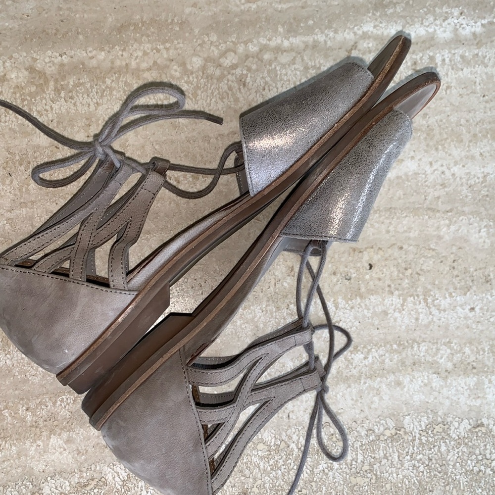PAUL GREEN flat sandals WOMEN's 10, iridescent tan suede (front), ankle tie. EUC - Picture 5 of 16